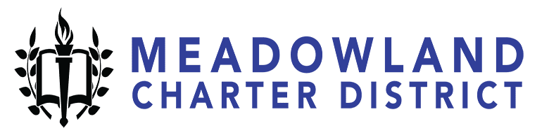 Logo of meadowland charter district featuring a shield with a torch and leaves on a green background.